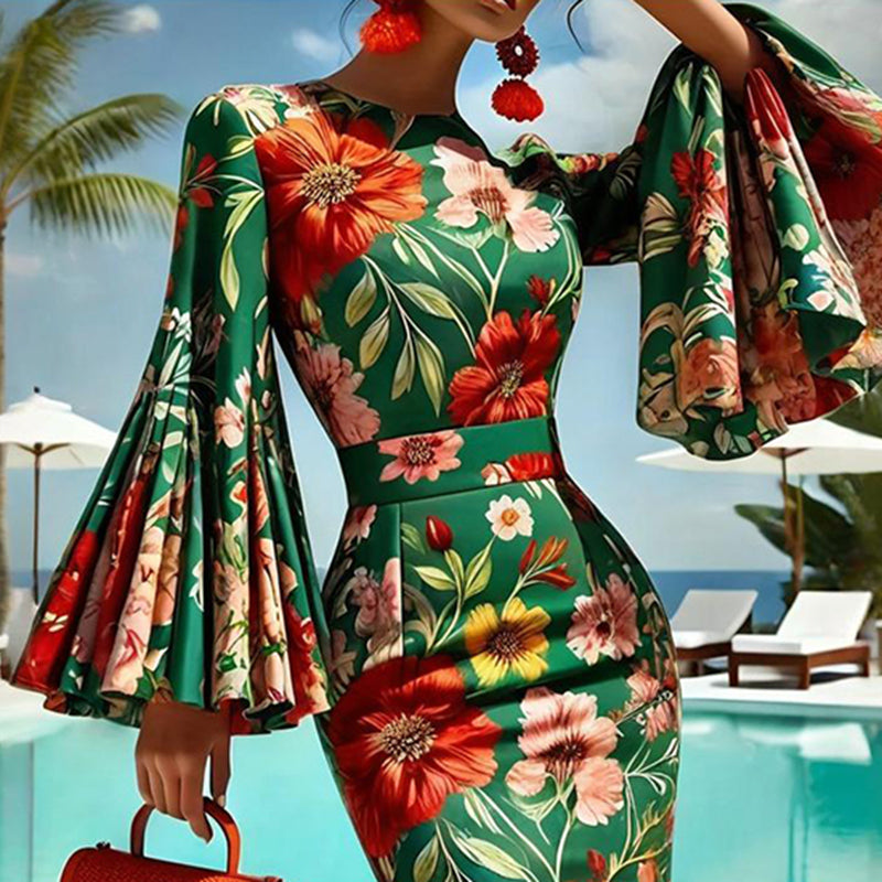 Women’s Floral Print Round‑Neck Bodycon Dress