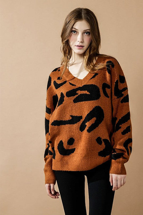 Plus Fuzzy Mohair Jacquard V-Neck Leopard Sweater