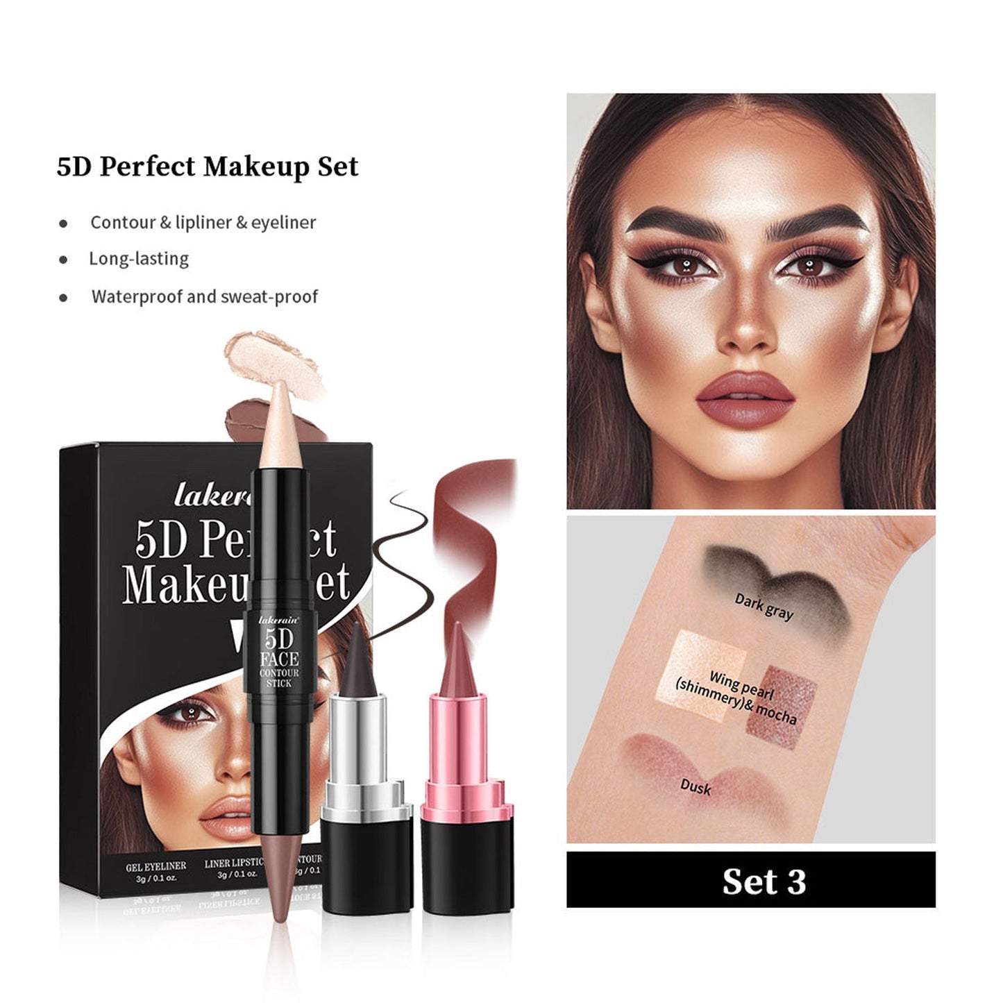 3 Pcs 5D Face Makeup Set – Lipstick, Lip Liner, Eyeliner + Highlight & Contour Sticks - GISTMI