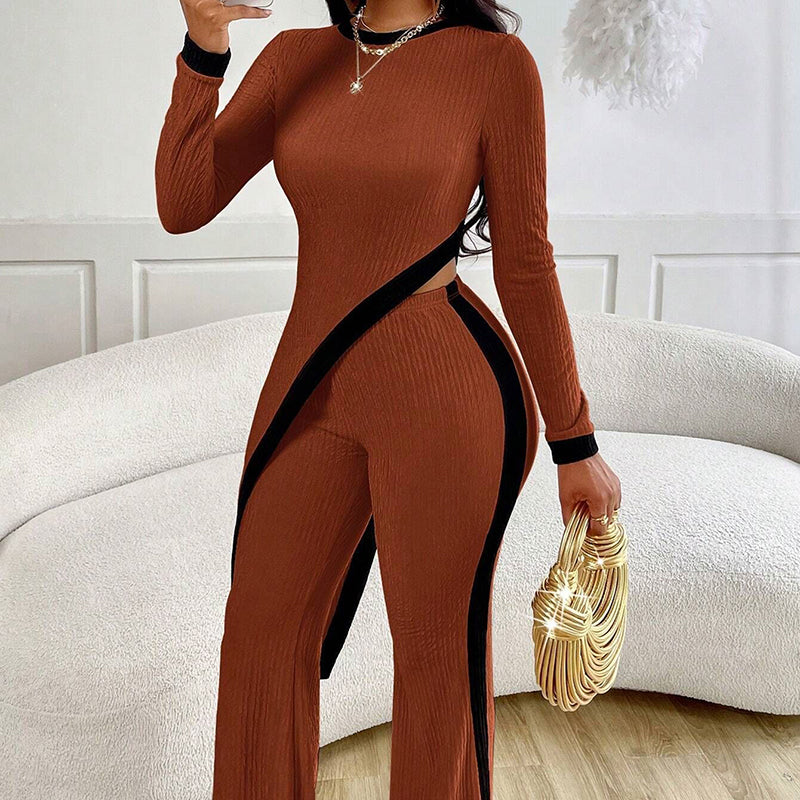 Women’s Elegant 2 Piece Outfit – Asymmetrical Hem Top & Wide Leg Pants Set