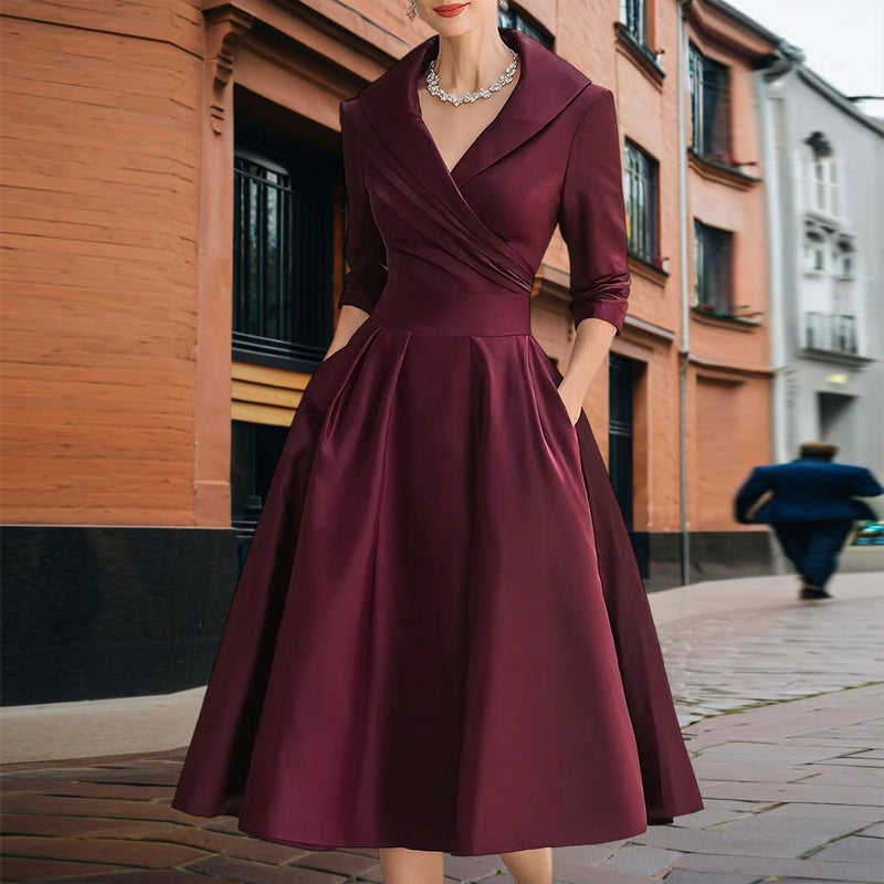 Women’s Elegant Solid Cross V-Neck Midi Dress with Flared Skirt & Pockets