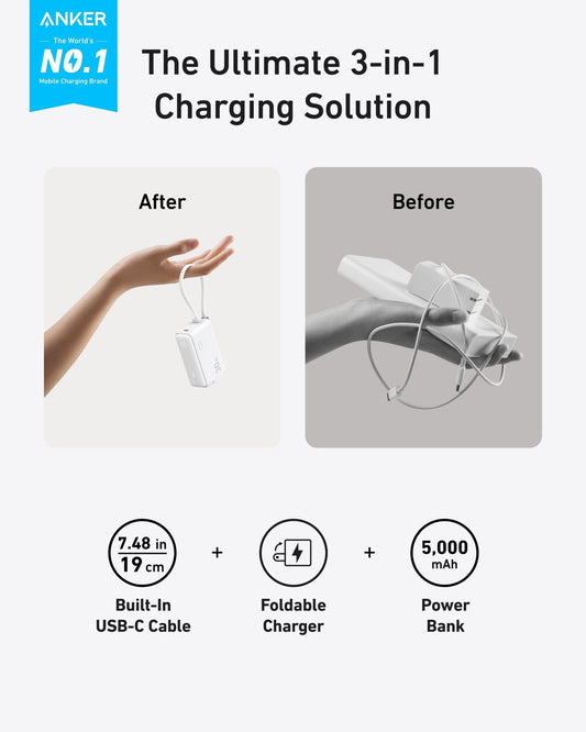 Anker Power Bank (30W, 5k, Fusion, Built - In USB - C Cable) - GISTMI