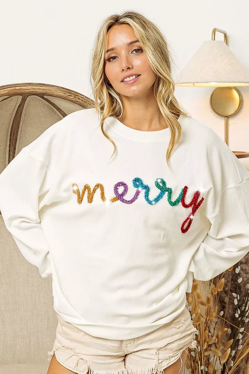 BiBi Merry Tinsel Lettering Drop Shoulder Sweatshirt - GISTMI