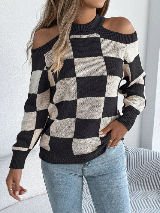 Cold Shoulder Checkered Long Sleeve Sweater - GISTMI