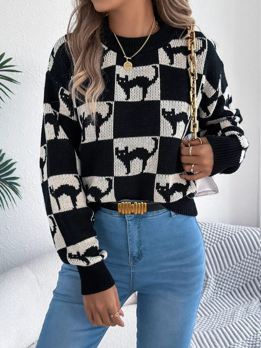 Cozy Cat Checkerboard Pattern Sweater - GISTMI