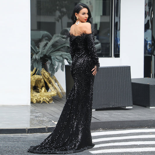 Women Sexy Off Shoulder Long Sleeve Feather Elegant Sequin Maxi Dresss
