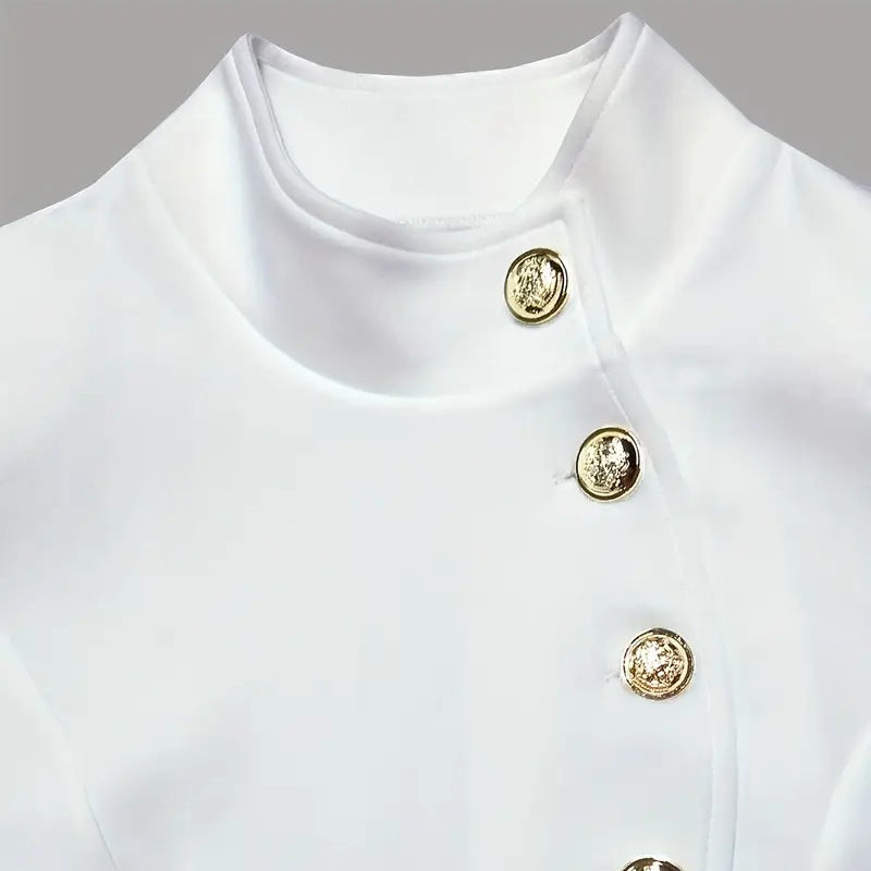 Women’s Solid Color Bodycon Dress – Stand Collar, Gold Buttons & Slit Hem