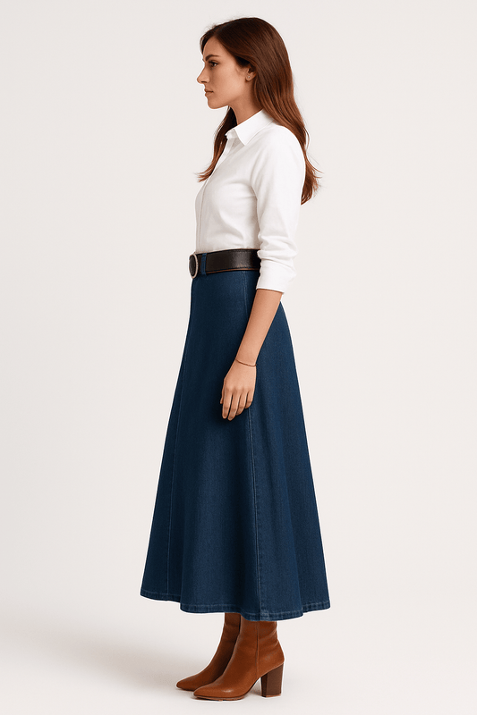 Women’s High - Waist Loose A - Line Cowboy Skirt – Medium Length Solid - GISTMI