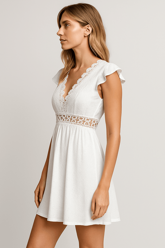 Women’s V - Neck Lace Crochet Mini Dress with Ruffle Sleeves – Summer Sundress. - GISTMI