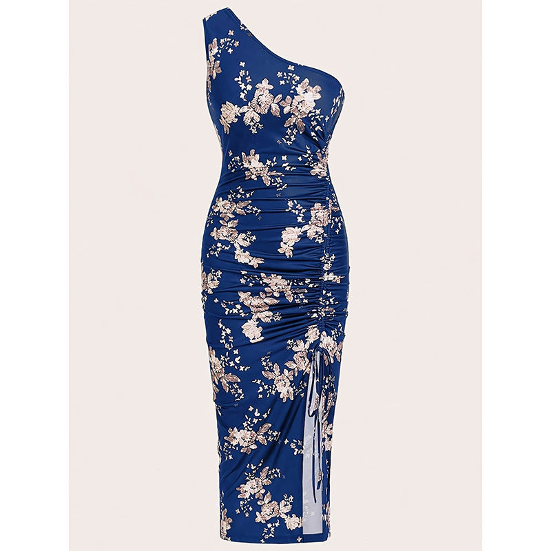 Blue floral one-shoulder dress on a beige background