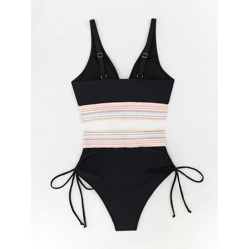 Black swimsuit with striped design on a white background