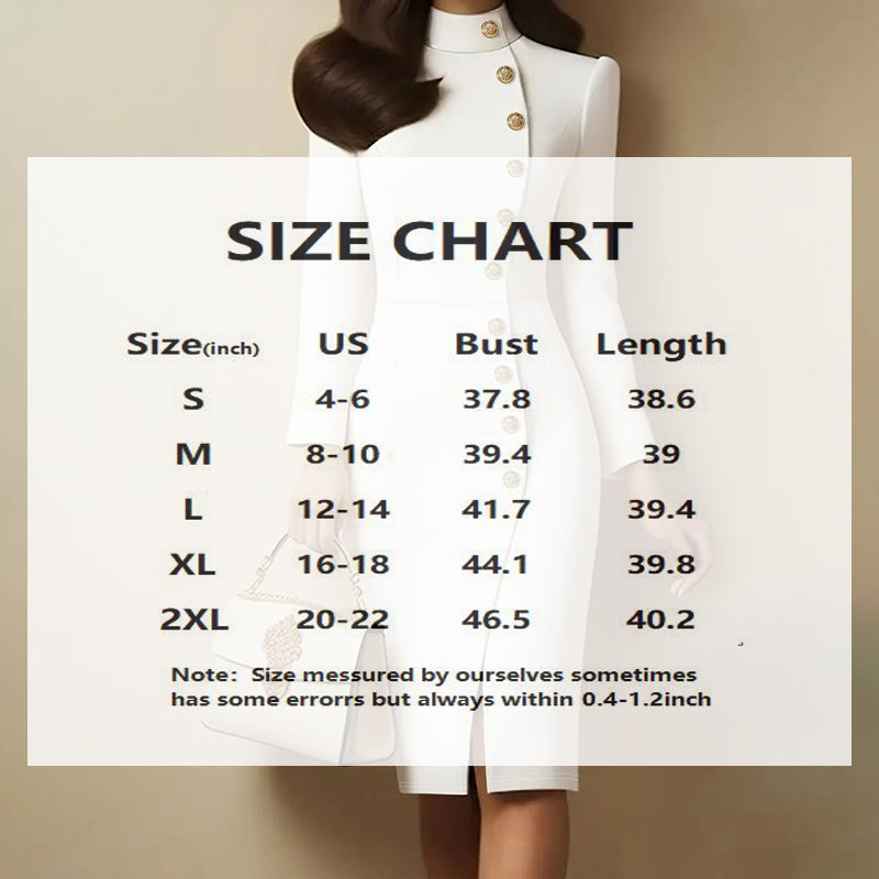 Size chart overlay on a person wearing a white dress with gold buttons.