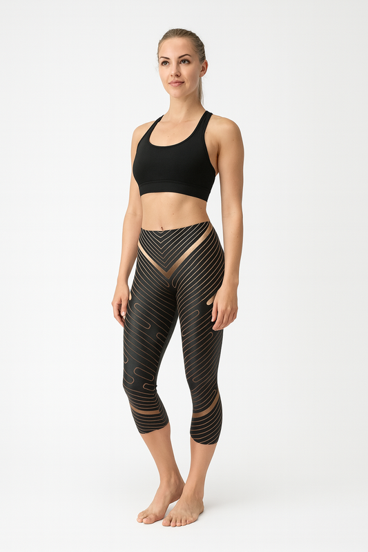 Womens Striped Lines Sports Brown Capri Leggings