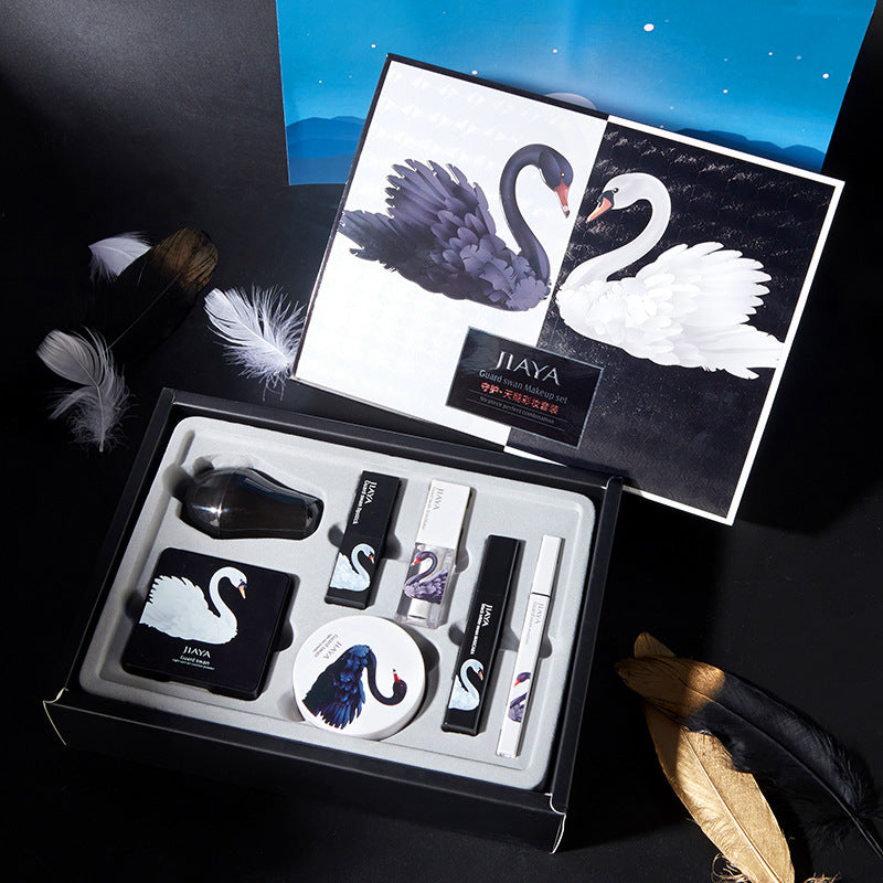 Black & White Swan Makeup Set – 7-Piece Beginner Gift Box with Cushion BB Cream, Powder & Lipstick | GISTMI