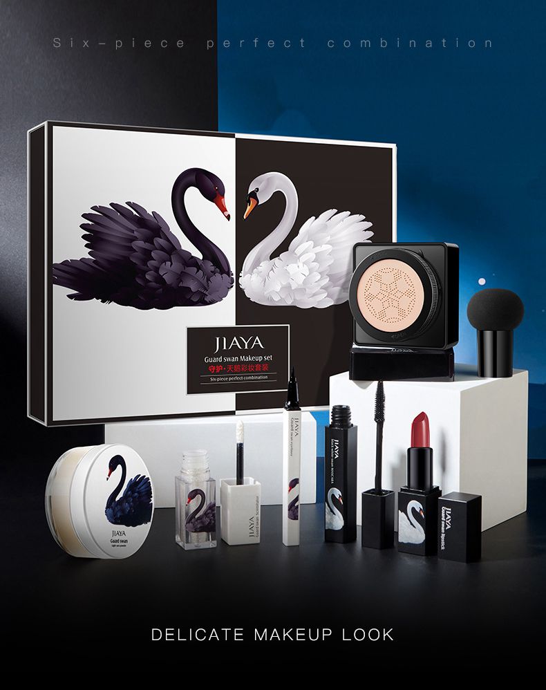Black & White Swan Makeup Set – 7-Piece Beginner Gift Box with Cushion BB Cream, Powder & Lipstick | GISTMI