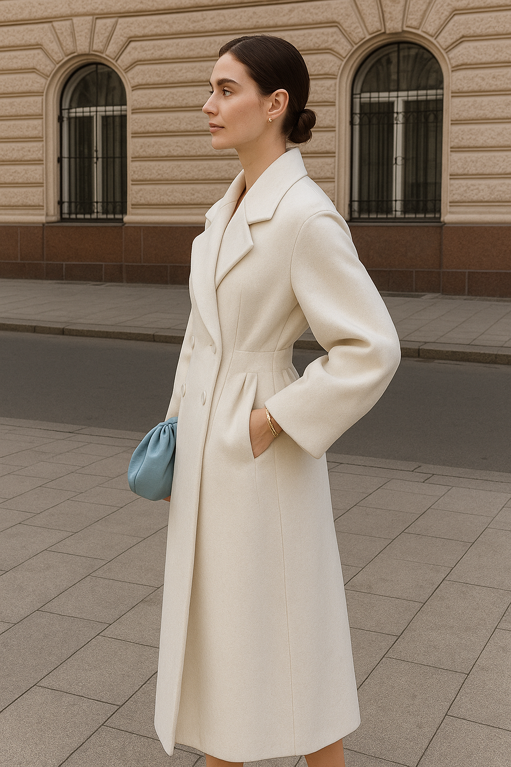 Woman wearing a long beige coat standing on a tiled pavement with a building in the background.
