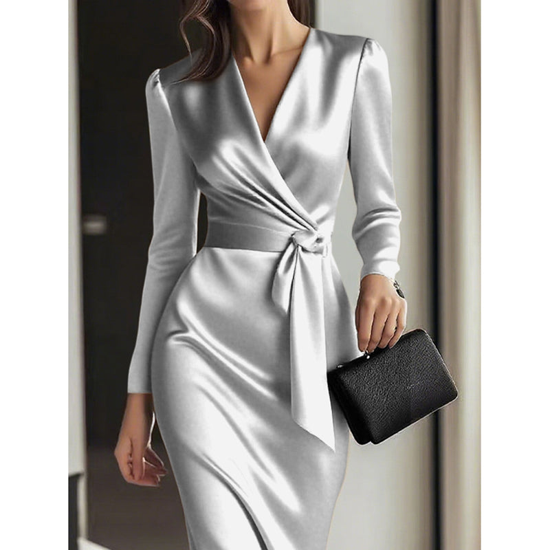 Women’s Burgundy Satin Midi Dress – Elegant V-Neck, Long Sleeve Bodycon with Belted Waist