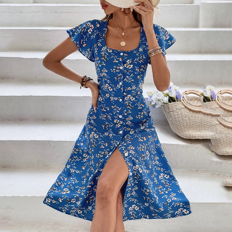 Boho Floral Maxi Dress Women | Button Up, High Split, Flow Beach Vacation Sundres