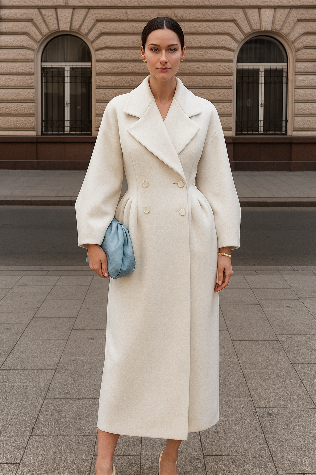 Woman wearing a long cream coat holding a blue clutch in front of a building.