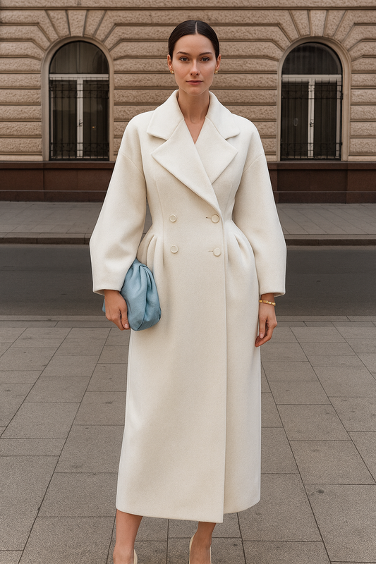 Woman wearing a long cream coat holding a blue clutch in front of a building.