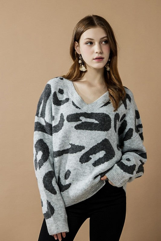 Plus Fuzzy Mohair Jacquard V-Neck Leopard Sweater