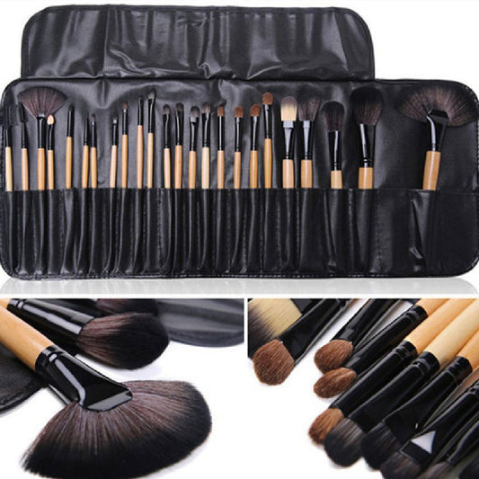 24 - Piece Makeup Brush Set With Horse Hair – Full Face & Eye Professional Brushes | Black Wood Color - GISTMI
