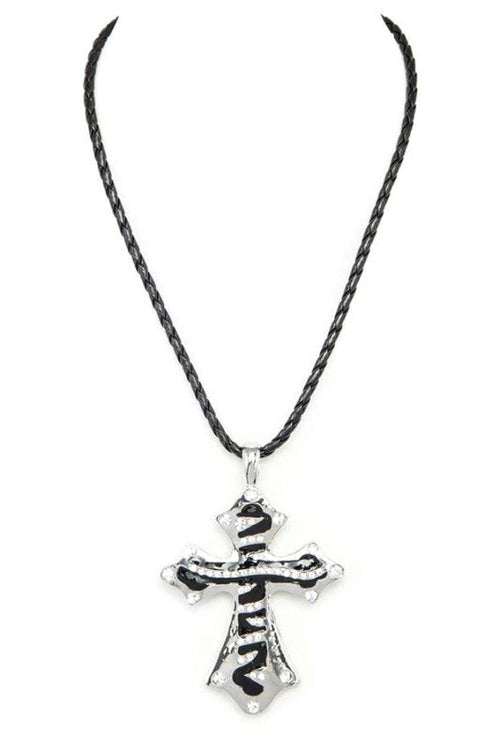 Zebra Printed Enamel Cross Pendant Necklace