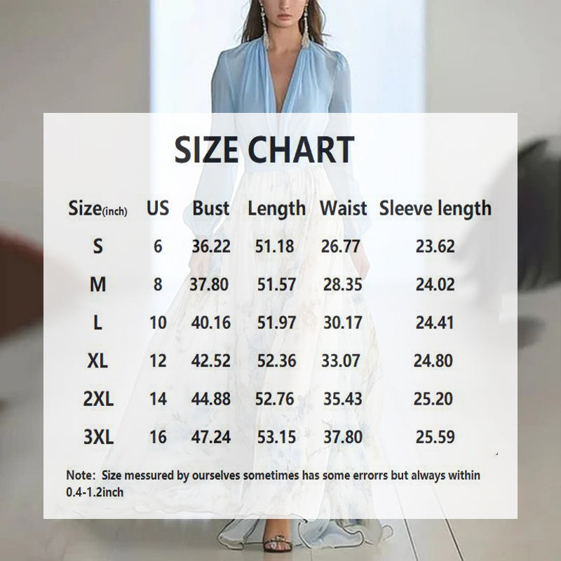Size chart overlay on a blurred background with a person wearing a light blue top.