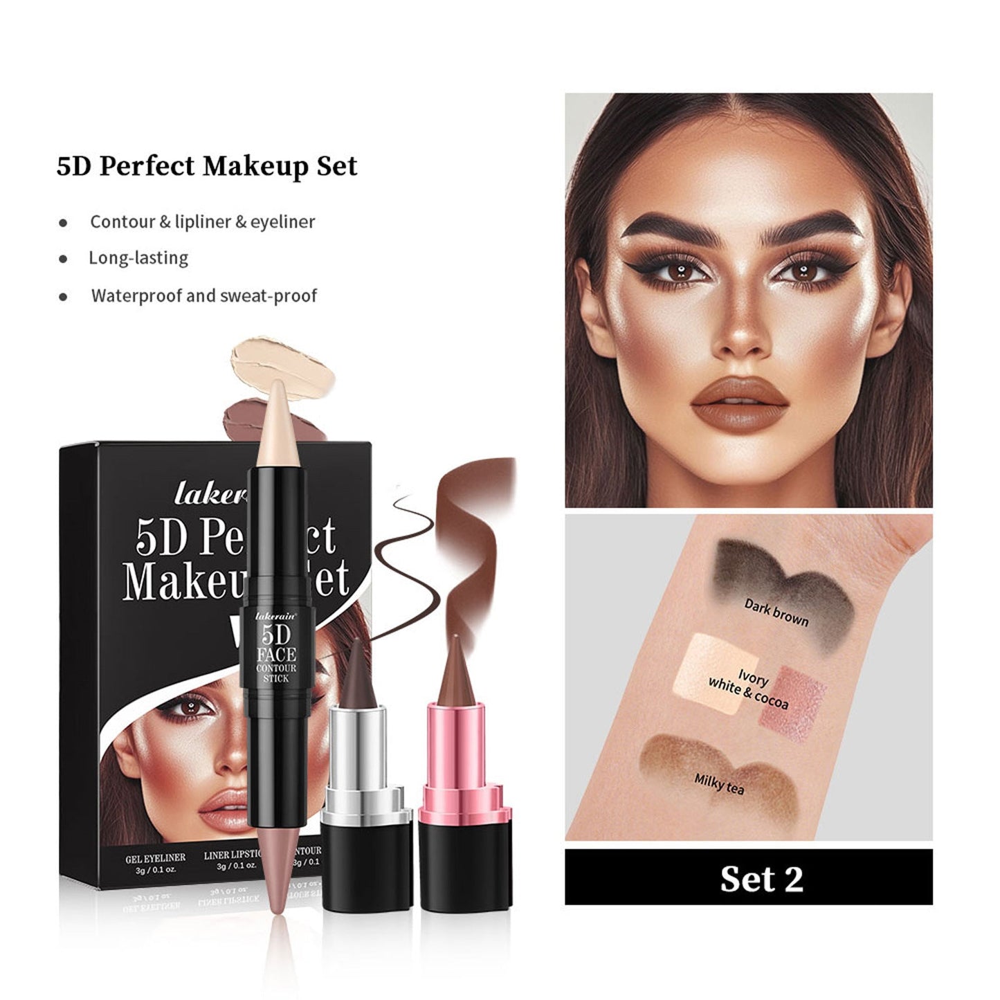 3 Pcs 5D Face Makeup Set – Lipstick, Lip Liner, Eyeliner + Highlight & Contour Sticks - GISTMI