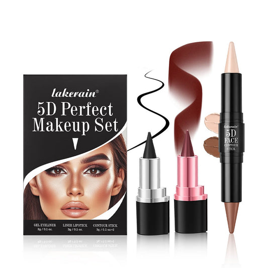 3 Pcs 5D Face Makeup Set – Lipstick, Lip Liner, Eyeliner + Highlight & Contour Sticks - GISTMI