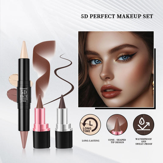 3 Pcs 5D Face Makeup Set – Lipstick, Lip Liner, Eyeliner + Highlight & Contour Sticks - GISTMI