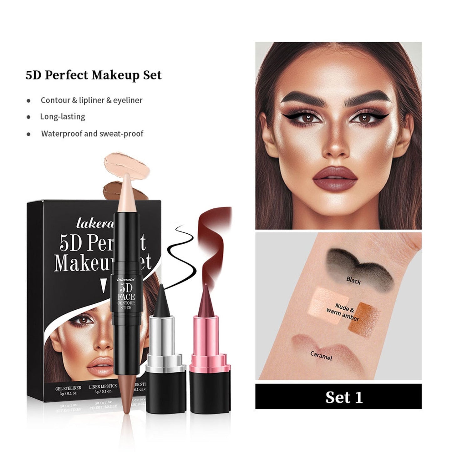 3 Pcs 5D Face Makeup Set – Lipstick, Lip Liner, Eyeliner + Highlight & Contour Sticks - GISTMI