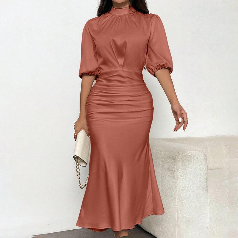 Elegant Mock-Neck Short-Sleeve Ruched Midi Dress