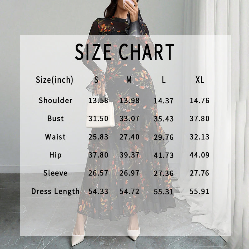 Women’s Floral Print Mesh Maxi Dress – Flare Sleeves & Tiered Ruffles (Boho Casual)