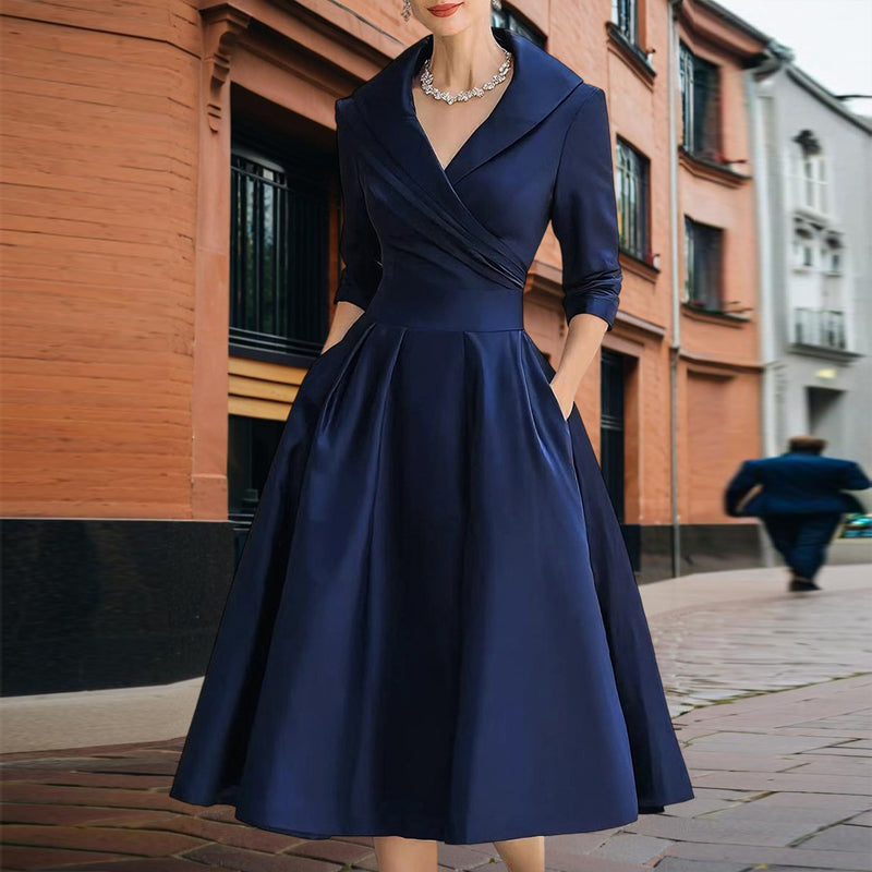 Women’s Elegant Solid Cross V-Neck Midi Dress with Flared Skirt & Pockets