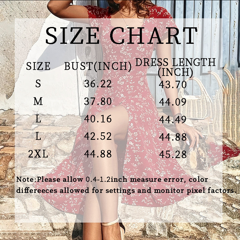 Size chart overlay on a model wearing a dress with measurements displayed.