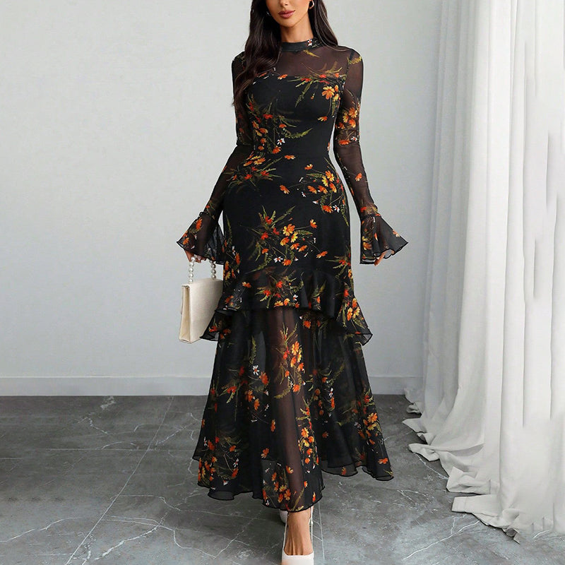 Women’s Floral Print Mesh Maxi Dress – Flare Sleeves & Tiered Ruffles (Boho Casual)
