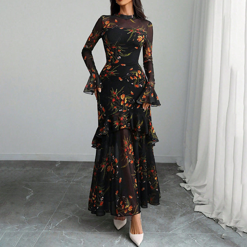 Women’s Floral Print Mesh Maxi Dress – Flare Sleeves & Tiered Ruffles (Boho Casual)