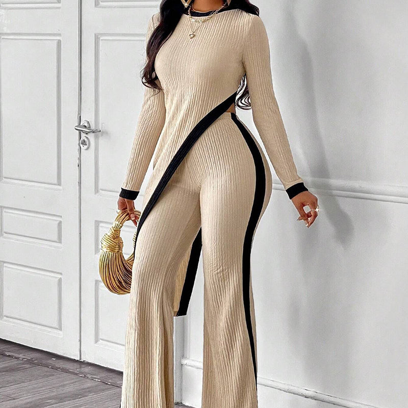 Women’s Elegant 2 Piece Outfit – Asymmetrical Hem Top & Wide Leg Pants Set