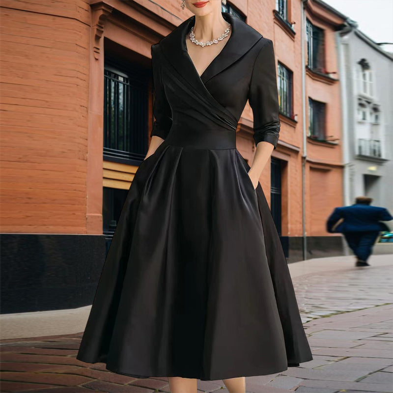 Women’s Elegant Solid Cross V-Neck Midi Dress with Flared Skirt & Pockets