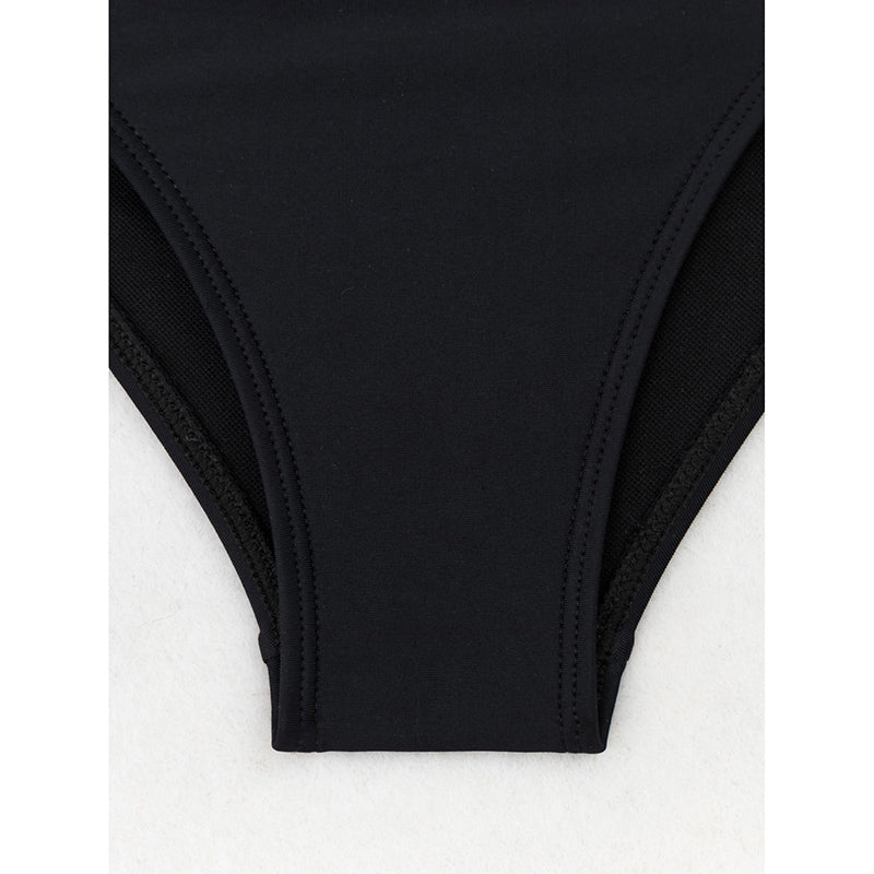 Black high-waisted bikini bottom on a white background