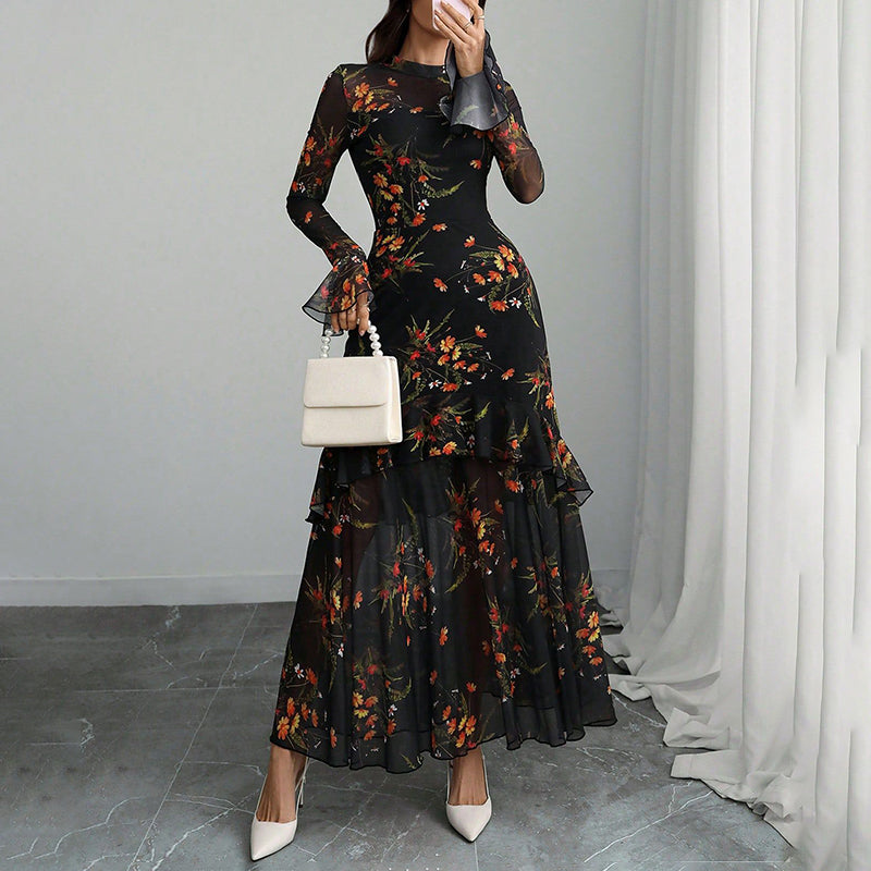 Women’s Floral Print Mesh Maxi Dress – Flare Sleeves & Tiered Ruffles (Boho Casual)