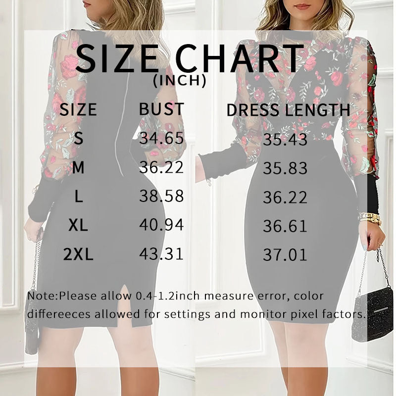 Size chart overlay on a model wearing a floral dress with measurements in inches.