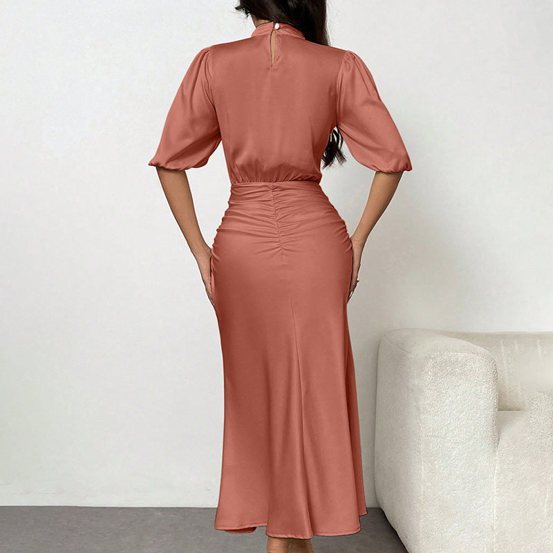 Elegant Mock-Neck Short-Sleeve Ruched Midi Dress