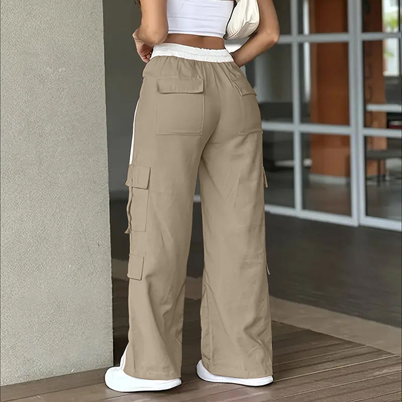 Women’s striped straight-leg pants with button zip and pockets
