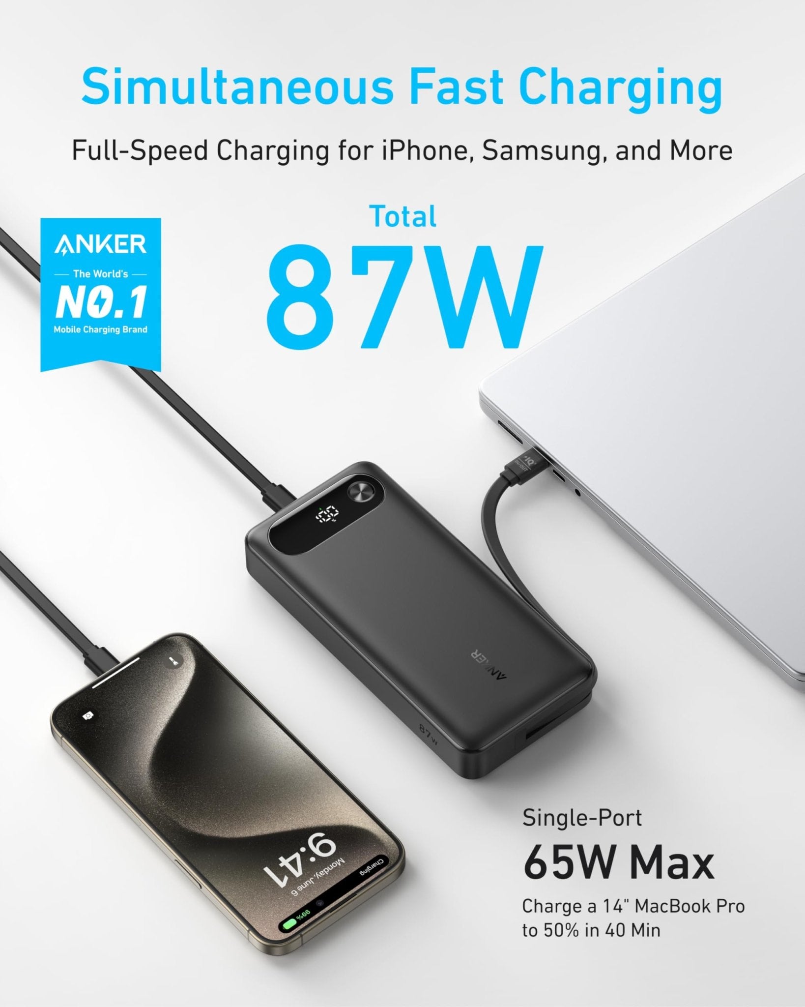 Anker Power Bank (20K, 87W, Built - In USB - C Cable) - GISTMI
