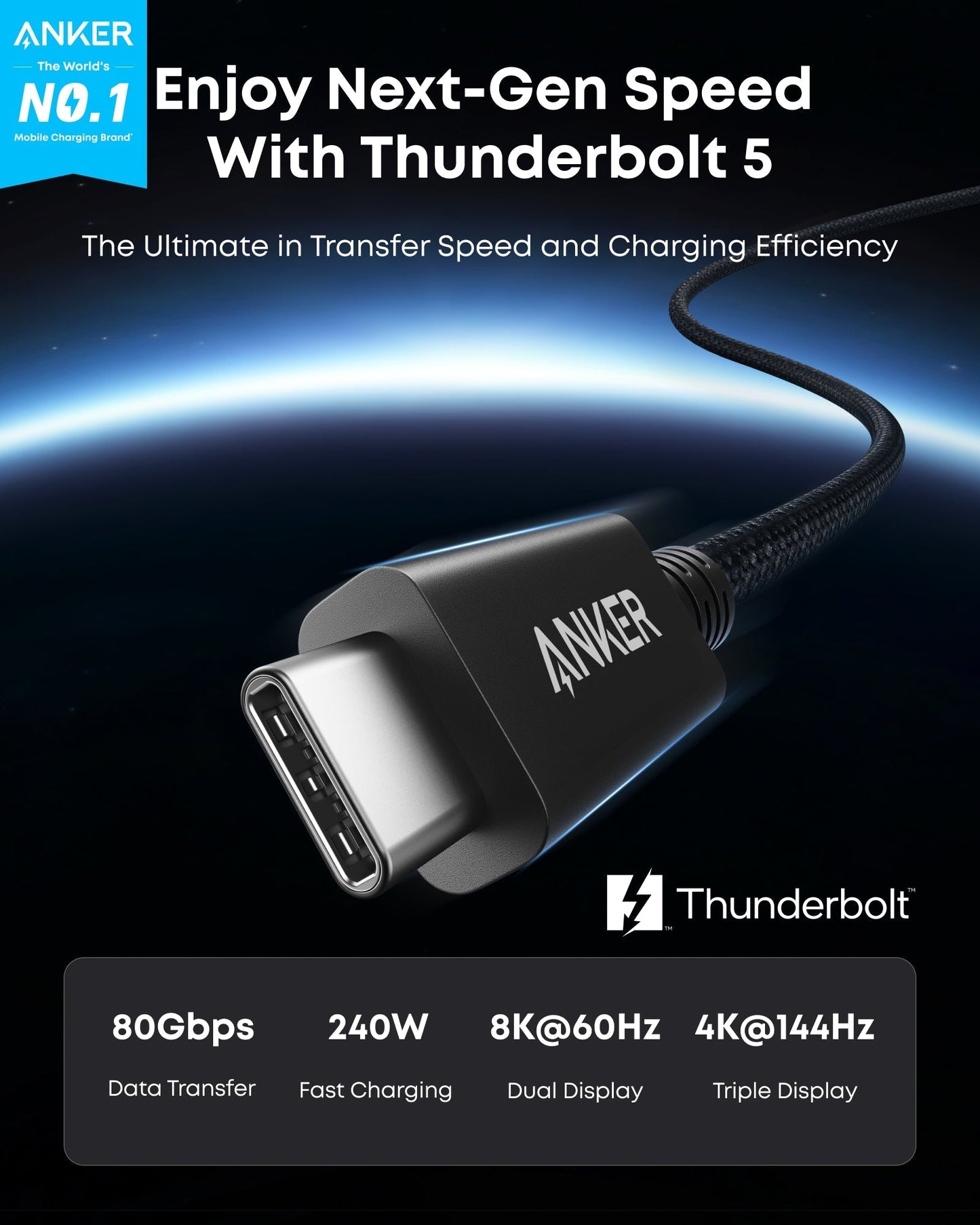 Anker Prime Thunderbolt 5 Cable (3.3 ft, 80Gbps, 240W) - GISTMI