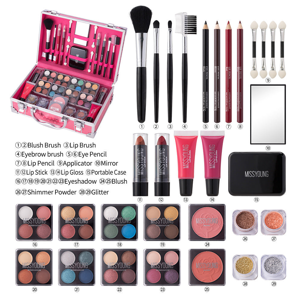 Makeup set with tools, lipsticks, and eyeshadows displayed on a white background