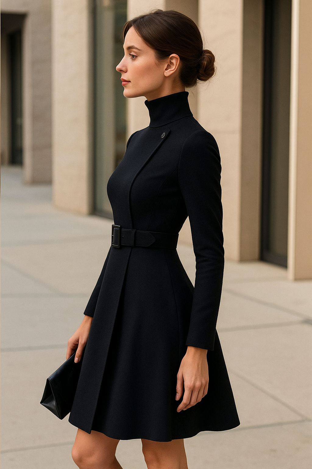 Woman wearing a black dress with a belt standing on a sidewalk.