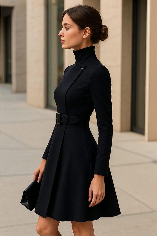 Woman wearing a black dress with a belt standing on a sidewalk.